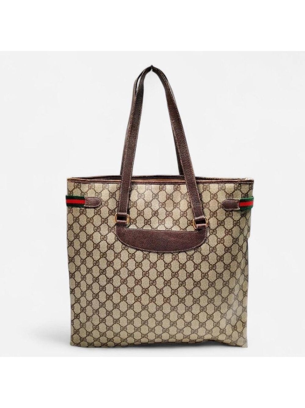 Gucci Vintage GG Canvas Web Stripe Tote Bag Brown Monogram Authentic - Picture 2 of 9